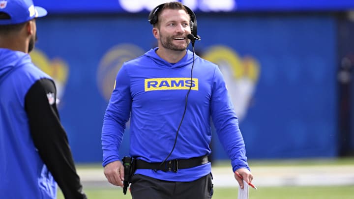 Oct 20, 2024; Inglewood, California, USA; Los Angeles Rams head coach Sean McVay walks the sidelines  against the Las Vegas Raidersduring the first half at SoFi Stadium. Mandatory Credit: Alex Gallardo-Imagn Images