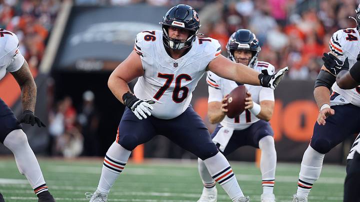 Chicago Bears guard Caden Barnett (76) blocks during the second quarter against the Cincinnati Bengals at Paycor Stadium.  Mandatory Credit: Joseph Maiorana-Imagn Images