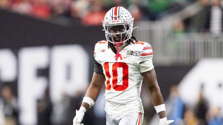 Jan 20, 2025; Atlanta, GA, USA; Ohio State Buckeyes cornerback Denzel Burke (10) against the Notre Dame Fighting Irish during the CFP National Championship college football game at Mercedes-Benz Stadium. Mandatory Credit: Mark J. Rebilas-Imagn Images