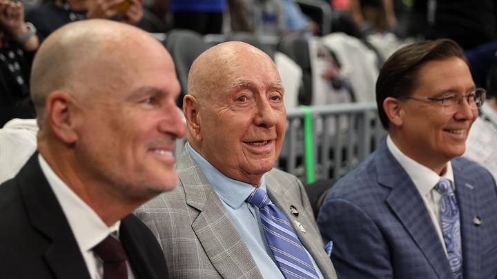 Nov 4, 2025; Charlotte, North Carolina, USA; Dick Vitale seen during the Texas Longhorns and Duke Blue Devils Dick Vitale’s Invitational game at Spectrum Center. Mandatory Credit: Cory Knowlton-Imagn Images