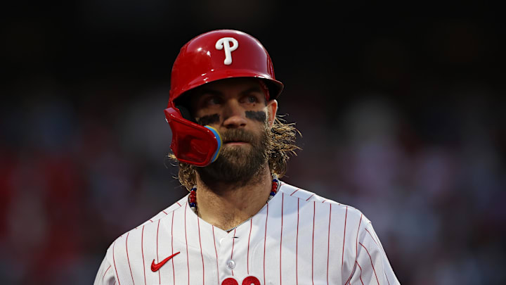 Oct 23, 2023; Philadelphia, Pennsylvania, USA; Philadelphia Phillies first baseman Bryce Harper (3)