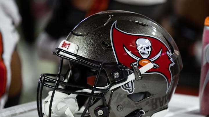 Detailed view of a Tampa Bay Buccaneers helmet at State Farm Stadium.