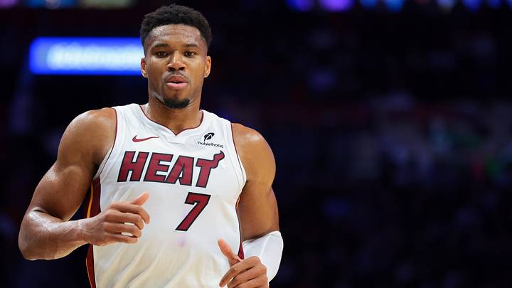Miami Heat forward Giannis Antetokounmpo (7) looks on (Mandatory Credit: Sam Navarro-Imagn Images)