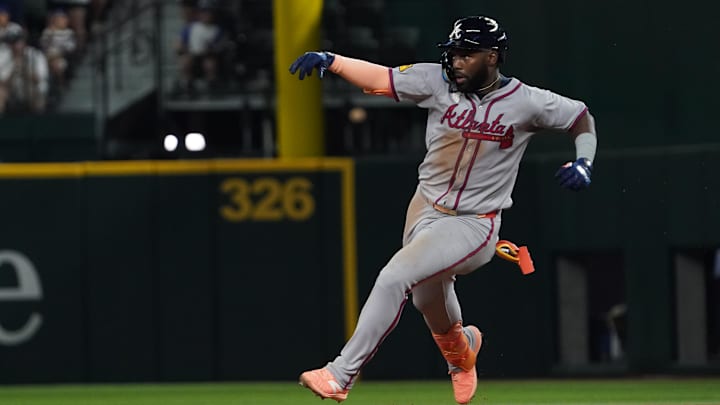 Atlanta Braves outfielder Michael Harris II (23) runs the bases on a triple during the ninth inning against the Texas Rangers at Globe Life Field. 