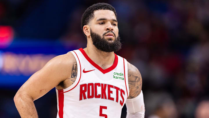 Dec 23, 2023; New Orleans, Louisiana, USA;  Houston Rockets guard Fred VanVleet (5) looks on against the New Orleans Pelicans during the second half at Smoothie King Center. Mandatory Credit: Stephen Lew-Imagn Images