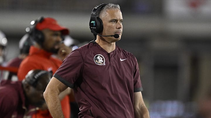 Sep 28, 2024; Dallas, Texas, USA; Florida State Seminoles head coach Mike Norvell during the game between the Southern Methodist Mustangs and the Florida State Seminoles at Gerald J. Ford Stadium. Mandatory Credit: Jerome Miron-Imagn Images