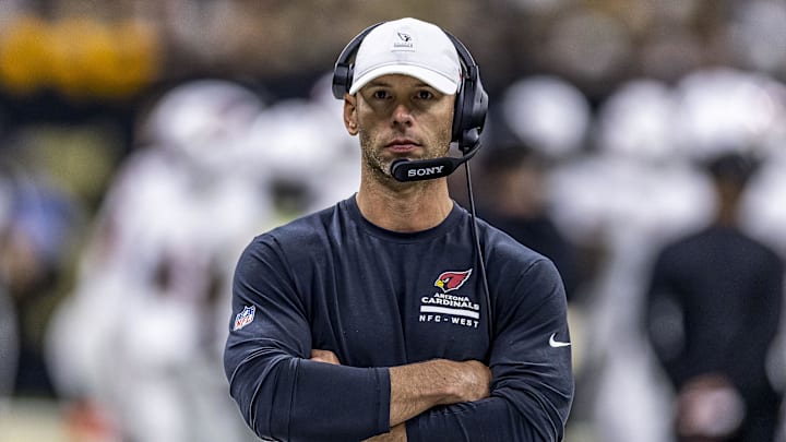 Sep 7, 2025; New Orleans, Louisiana, USA; Arizona Cardinals coach Jonathan Gannon during the second half at Caesars Superdome. Mandatory Credit: Stephen Lew-Imagn Images