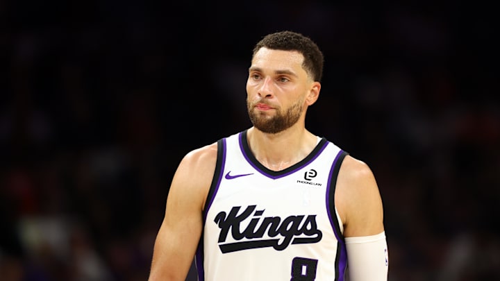 Oct 22, 2025; Phoenix, Arizona, USA; Sacramento Kings guard Zach LaVine (8) against the Phoenix Suns at the Mortgage Matchup Center.