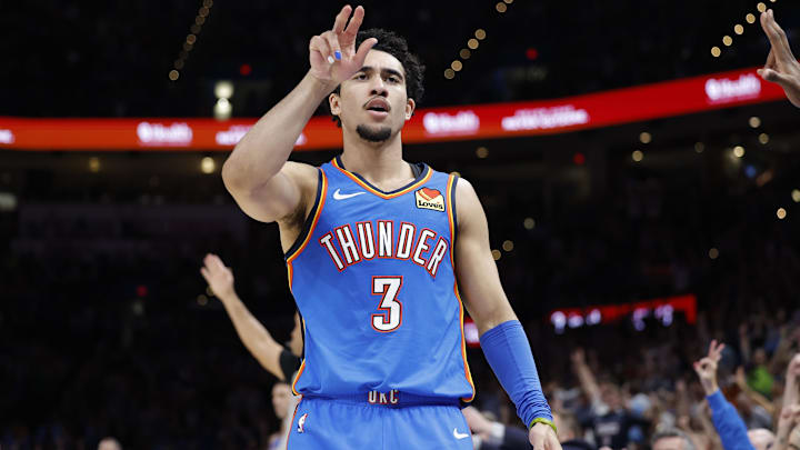 Mar 9, 2026; Oklahoma City, Oklahoma, USA; Oklahoma City Thunder guard Jared McCain (3) gestures after scoring against the Denver Nuggets during the second half at Paycom Center. Mandatory Credit: Alonzo Adams-Imagn Images