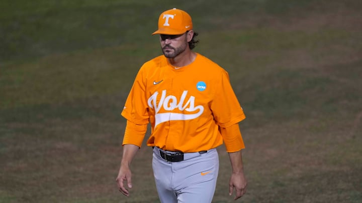 Tennessee baseball head coach Tony Vitello during a NCAA regional baseball game between the Tennessee Volunteers and Cincinnati Bearcats at Lindsey Nelson Stadium in Knoxville, Tenn., on May 31, 2025. Tennessee baseball head coach Tony Vitello during a NCAA regional baseball game between the Tennessee Volunteers and Cincinnati Bearcats at Lindsey Nelson Stadium in Knoxville, Tenn., on May 31, 2025.