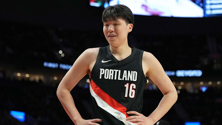 Feb 7, 2026; Portland, Oregon, USA; Portland Trail Blazers center Yang Hansen (16) reacts to a call during the first half against the Memphis Grizzlies at Moda Center. Mandatory Credit: Soobum Im-Imagn Images Feb 7, 2026; Portland, Oregon, USA; Portland Trail Blazers center Yang Hansen (16) reacts to a call during the first half against the Memphis Grizzlies at Moda Center. Mandatory Credit: Soobum Im-Imagn Images