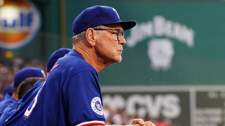 Aug 12, 2024; Boston, Massachusetts, USA; Texas Rangers manager Bruce Bochy (15) before the start of the game against the Boston Red Sox at Fenway Park. 