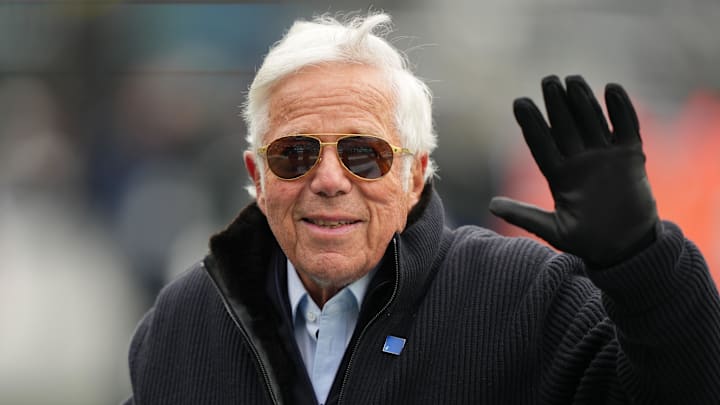 Dec 28, 2025; East Rutherford, New Jersey, USA; New England Patriots owner Robert Kraft waves prior to the game against the New York Jets at MetLife Stadium. Mandatory Credit: Robert Deutsch-Imagn Images