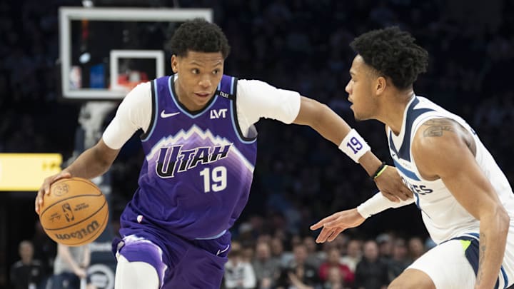 Mar 18, 2026; Minneapolis, Minnesota, USA; Utah Jazz guard Ace Bailey (19) dribbles the ball past Minnesota Timberwolves guard Terrence Shannon Jr. (1) in the second half at Target Center. Mandatory Credit: Jesse Johnson-Imagn Images Mar 18, 2026; Minneapolis, Minnesota, USA; Utah Jazz guard Ace Bailey (19) dribbles the ball past Minnesota Timberwolves guard Terrence Shannon Jr. (1) in the second half at Target Center. Mandatory Credit: Jesse Johnson-Imagn Images