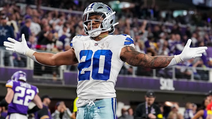 Nov 20, 2022; Minneapolis, Minnesota, USA; Dallas Cowboys running back Tony Pollard (20) celebrates Nov 20, 2022; Minneapolis, Minnesota, USA; Dallas Cowboys running back Tony Pollard (20) celebrates