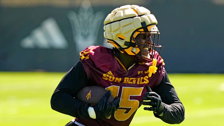 Arizona State tight end Kamari Anderson (15) runs after a catch during the first day of fall practice in Tempe, Ariz. on July 30, 2025. Arizona State tight end Kamari Anderson (15) runs after a catch during the first day of fall practice in Tempe, Ariz. on July 30, 2025.