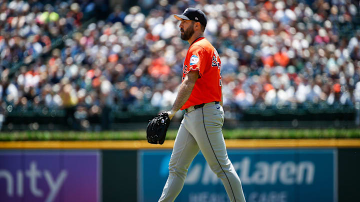 Houston Astros pitcher Justin Verlander takes the mound before pitching against Detroit Tigers during the first inning at Comerica Park in Detroit on Sunday, May 12, 2024.
