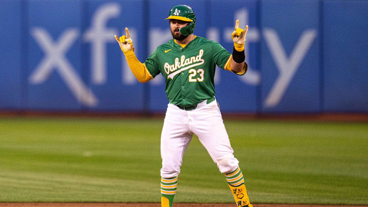 Sep 24, 2024; Oakland, California, USA; Oakland Athletics catcher Shea Langeliers (23) celebrates after hitting a RBI double against the Texas Rangers during the first inning at Oakland-Alameda County Coliseum. Mandatory Credit: Neville E. Guard-Imagn Images