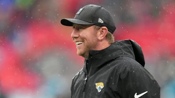 Oct 19, 2025; London, United Kingdom; Jacksonville Jaguars head coach Liam Coen looks on during warmups before a NFL International Series game between the Los Angeles Rams and the Jacksonville Jaguars at Wembley Stadium. Mandatory Credit: Kirby Lee-Imagn Images