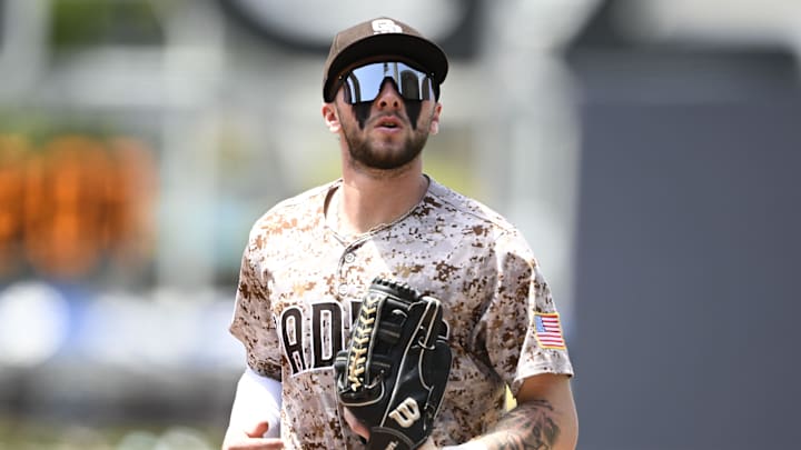Jun 22, 2025; San Diego, California, USA; San Diego Padres outfielder Jackson Merrill (3) comes off the field during the third inning against the Kansas City Royals at Petco Park. Mandatory Credit: Denis Poroy-Imagn Images