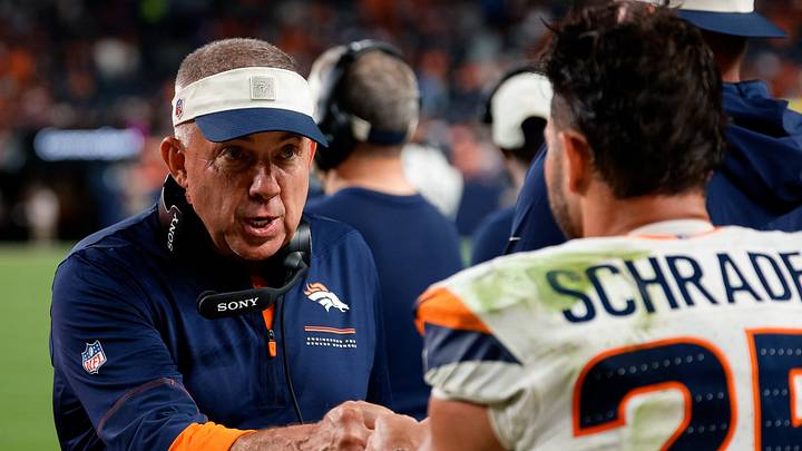 Aug 28, 2026; Denver, Colorado, USA; Denver Broncos head coach Sean Payton fist bumps running back Cody Schrader (25) in the fourth quarter against the Minnesota Vikings at Empower Field at Mile High. Aug 28, 2026; Denver, Colorado, USA; Denver Broncos head coach Sean Payton fist bumps running back Cody Schrader (25) in the fourth quarter against the Minnesota Vikings at Empower Field at Mile High.