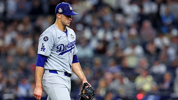 Oct 30, 2024; New York, New York, USA; Los Angeles Dodgers pitcher Jack Flaherty (0) reacts after the first inning against the New York Yankees in game four of the 2024 MLB World Series at Yankee Stadium. Mandatory Credit: Brad Penner-Imagn Images
