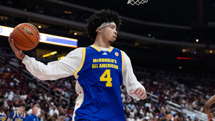 Mar 31, 2026; Glendale, AZ, USA; Tyran Stokes (4) during the McDonalds All American Boys Game at Desert Diamond Arena. Mandatory Credit: Mark J. Rebilas-Imagn Images Mar 31, 2026; Glendale, AZ, USA; Tyran Stokes (4) during the McDonalds All American Boys Game at Desert Diamond Arena. Mandatory Credit: Mark J. Rebilas-Imagn Images