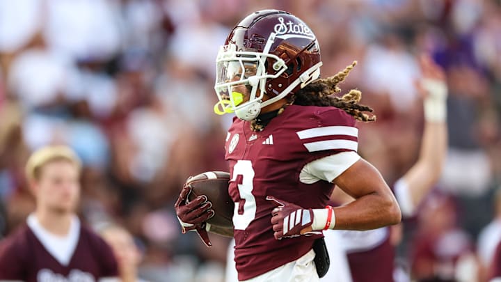 Sep 13, 2025; Starkville, Mississippi, USA; Mississippi State Bulldogs wide receiver Anthony Evans III (3) scores a touchdown during the first half against the Alcorn State Braves  at Davis Wade Stadium at Scott Field. Mandatory Credit: Wesley Hale-Imagn Images