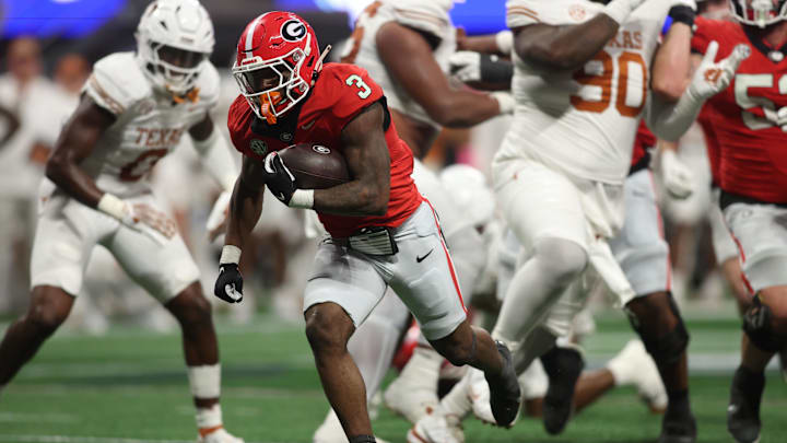 Dec 7, 2024; Atlanta, GA, USA; Georgia Bulldogs running back Nate Frazier (3) rushes the ball against the Texas Longhorns during the second half in the 2024 SEC Championship game at Mercedes-Benz Stadium. Mandatory Credit: Brett Davis-Imagn Images Dec 7, 2024; Atlanta, GA, USA; Georgia Bulldogs running back Nate Frazier (3) rushes the ball against the Texas Longhorns during the second half in the 2024 SEC Championship game at Mercedes-Benz Stadium. Mandatory Credit: Brett Davis-Imagn Images