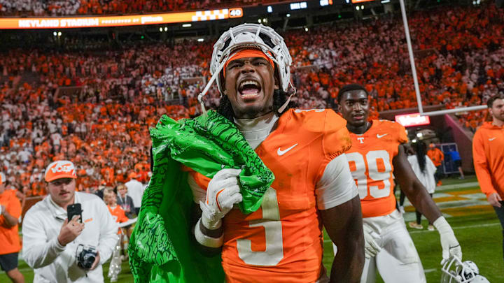 Tennessee defensive back Jermod McCoy yells while carrying a deflated gator after defeating Florida at Neyland Stadium
