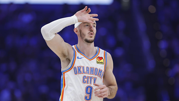Feb 12, 2026; Oklahoma City, Oklahoma, USA; Oklahoma City Thunder guard Alex Caruso (9) gestures after scoring a three point basket against the Milwaukee Bucks during the first half at Paycom Center. Mandatory Credit: Alonzo Adams-Imagn Images