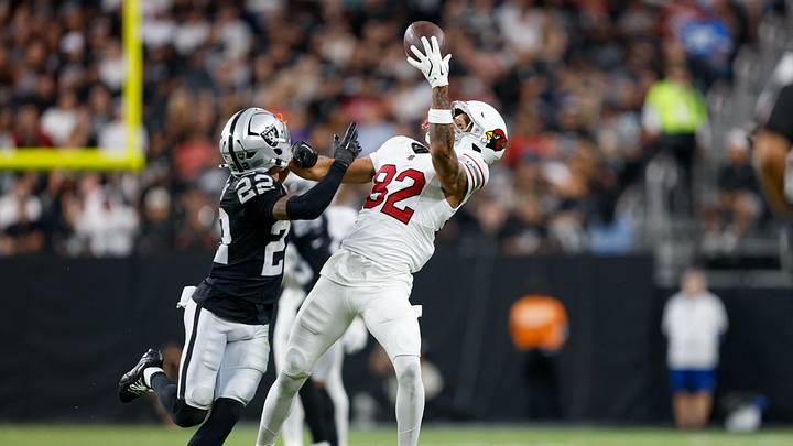 Aug 13, 2026; Paradise, Nevada, USA; Arizona Cardinals wide receiver Reggie Virgil (82) makes a catch against Las Vegas Raiders cornerback Greedy Vance (22) during the third quarter of an NFL football game at Allegiant Stadium. Mandatory Credit: David Brytus-Imagn Images Aug 13, 2026; Paradise, Nevada, USA; Arizona Cardinals wide receiver Reggie Virgil (82) makes a catch against Las Vegas Raiders cornerback Greedy Vance (22) during the third quarter of an NFL football game at Allegiant Stadium. Mandatory Credit: David Brytus-Imagn Images