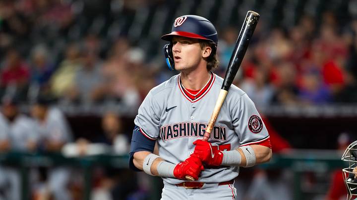 May 30, 2025; Phoenix, Arizona, USA; Washington Nationals outfielder Robert Hassell III in the first inning against the Arizona Diamondbacks at Chase Field. Mandatory Credit: Mark J. Rebilas-Imagn Images
