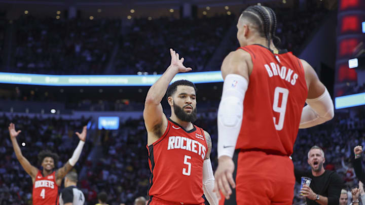 Houston Rockets guard Fred VanVleet (5) celebrates.