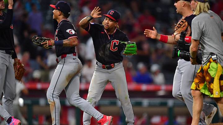 Aug 24, 2026: Cleveland Guardians and third baseman Jose Ramirez (11) celebrate the victory against the Los Angeles Angels at Angel Stadium. Credit: Gary A. Vasquez-Imagn Images