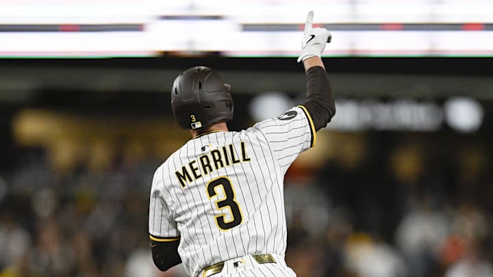 Apr 1, 2025; San Diego, California, USA; San Diego Padres center fielder Jackson Merrill (3) rounds the bases after hitting a solo home run during the fourth inning against the Cleveland Guardians at Petco Park. Mandatory Credit: Denis Poroy-Imagn Images