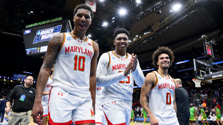 Mar 23, 2025; Seattle, WA, USA; Maryland Terrapins forward Julian Reese (10), center Derik Queen (25), and guard Ja'Kobi Gillespie (0) walk off the court after defeating the Colorado State Rams at Climate Pledge Arena. Mandatory Credit: Steven Bisig-Imagn Images