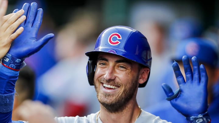 Sep 1, 2023; Cincinnati, Ohio, USA; Chicago Cubs first baseman Cody Bellinger (24) high fives