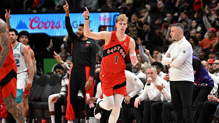 Mar 3, 2024; Toronto, Ontario, CAN; Toronto Raptors guard Gradey Dick (1) reacts after sinking a three point basket against the Charlotte Hornets in the second half at Scotiabank Arena. Mandatory Credit: Dan Hamilton-Imagn Images Mar 3, 2024; Toronto, Ontario, CAN; Toronto Raptors guard Gradey Dick (1) reacts after sinking a three point basket against the Charlotte Hornets in the second half at Scotiabank Arena. Mandatory Credit: Dan Hamilton-Imagn Images