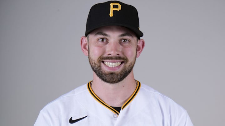 Feb 22, 2023; Bradenton, FL, USA; Pittsburgh Pirates pitcher Carter Bins (80) poses for photos