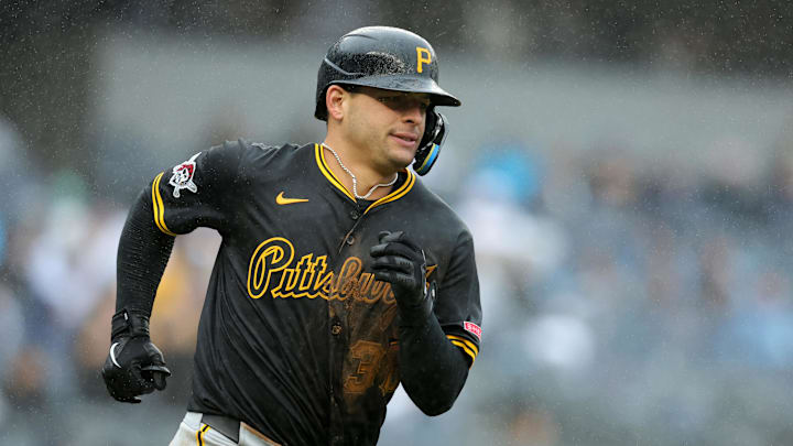 Sep 28, 2024; Bronx, New York, USA; Pittsburgh Pirates second baseman Nick Yorke (38) rounds the bases after hitting a two run home run against the New York Yankees during the ninth inning at Yankee Stadium. Mandatory Credit: Brad Penner-Imagn Images