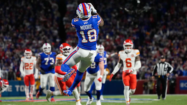 Nov 2, 2025; Orchard Park, New York, USA; Buffalo Bills wide receiver Elijah Moore (18) catches a pass during the third quarter against the Kansas City Chiefs at Highmark Stadium. Mandatory Credit: Gregory Fisher-Imagn Images