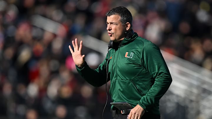 Nov 24, 2023; Chestnut Hill, Massachusetts, USA; Miami Hurricanes head coach Mario Cristobal.
