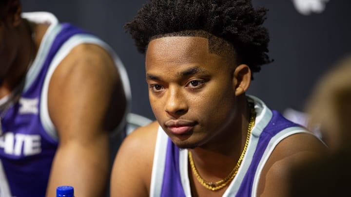 Oct 18, Kansas City, MO, USA; Kansas State player Tylor Perry answers questions at the Big 12 Men's Season Tip-Off.
