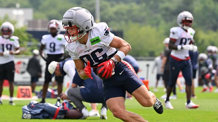Jul 28, 2026; Foxborough, MA, USA; New England Patriots wide receiver Efton Chism III (86) runs after making a catch at training camp at Gillette Stadium. Mandatory Credit: Eric Canha-Imagn Images Jul 28, 2026; Foxborough, MA, USA; New England Patriots wide receiver Efton Chism III (86) runs after making a catch at training camp at Gillette Stadium. Mandatory Credit: Eric Canha-Imagn Images