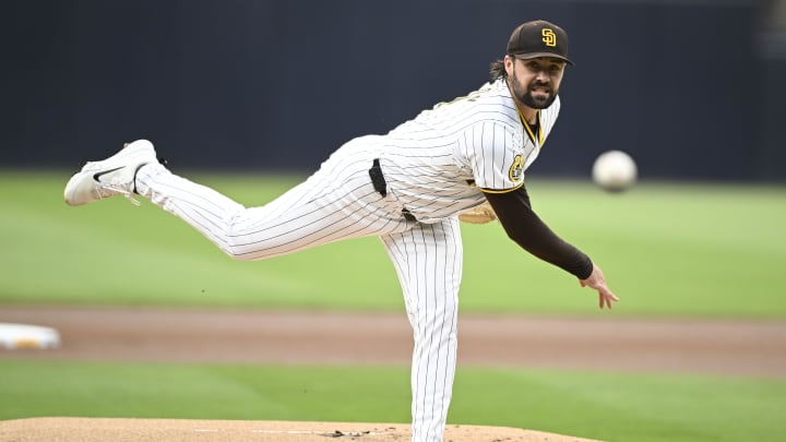 Jun 8, 2024; San Diego, California, USA; San Diego Padres starting pitcher Matt Waldron (61) pitches during the first inning against the Arizona Diamondbacks at Petco Park. Mandatory Credit: Denis Poroy-USA TODAY Sports at Petco Park. 
