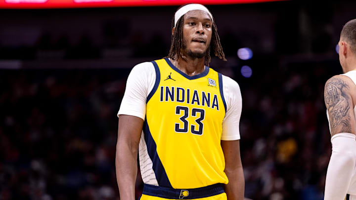 Nov 1, 2024; New Orleans, Louisiana, USA;  Indiana Pacers center Myles Turner (33) looks on against the New Orleans Pelicans during the second half at Smoothie King Center. Mandatory Credit: Stephen Lew-Imagn Images