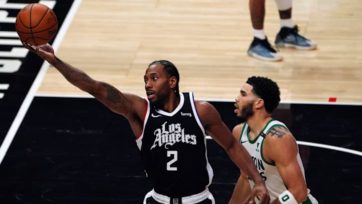 LA Clippers forward Kawhi Leonard (2) is defended by Boston Celtics forward Jayson Tatum (0) in the third quarter at Staples Center. Mandatory Credit: Kirby Lee-Imagn Images