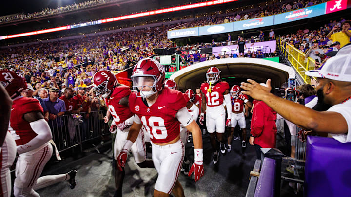 Nov 9, 2024; Baton Rouge, Louisiana, USA; Alabama Crimson Tide defensive back Bray Hubbard (18) runs onto the field before their game against the LSU Tigers at Tiger Stadium. Mandatory Credit: Stephen Lew-Imagn Images Nov 9, 2024; Baton Rouge, Louisiana, USA; Alabama Crimson Tide defensive back Bray Hubbard (18) runs onto the field before their game against the LSU Tigers at Tiger Stadium. Mandatory Credit: Stephen Lew-Imagn Images