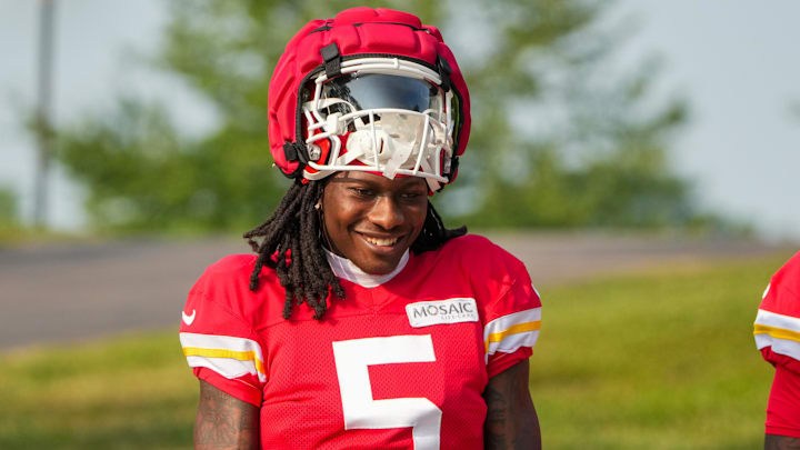 Jul 26, 2024; Kansas City, MO, USA; Kansas City Chiefs wide receiver Marquise “Hollywood”  Brown (5) walks down the hill from the locker room to the fields during training camp at Missouri Western State University. Mandatory Credit: Denny Medley-Imagn Images